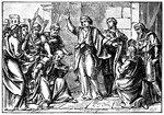 Illustration of a young Daniel questioning one of the old men who accused Susanna of promiscuity. Daniel stands in the center with his right arm raised. Susanna's family stands to one side (right). One kneels on one knee with his hands clasped. One of the old men is on his knees (left) and a soldier stands over him, one hand on the mans shoulder. The man's discarded hat is lying in the street.