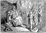 Illustration of the youngest brother of the Holy Maccabees, one of seven Jewish brother who were martyred by the king. The boy stands with his mother, her right hand on his shoulder, his left arm raised. A soldier stands behind them in full armor, holding a spear. Antiochus sits on his throne, right arm propped on the armrest and holding his scepter. A low table holds a plate with a roasted pig head. A fork is stuck into the pork. A man in the background leans on a fasces.