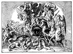 Illustration of the Maccabee warriors fighting alongside angelic warriors in a swirl of battle. The angels are pictured wielding swords of fire and riding horses. The horses of the angels and Maccabees trample the king's soldiers. One warrior wears a winged helmet and wields a spear. The king's army is fleeing into the background.