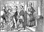 "And when he had made a gathering throughout the company to the sum of two thousand drachms of silver, he sent it to Jerusalem to offer a sin offering, doing therein very well and honestly, in that he was mindful of the resurrection:" 2 Maccabees 12:43 
<p>Illustration of Judas' soldiers carrying a box full of twelve thousand drachmas of silver. They are handing the box over to the priest at the temple at Jerusalem. The entrance to the temple is framed by two columns.