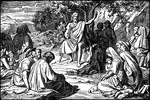 "And in those days cometh John the Baptist, preaching in the wilderness of Judaea, saying, Repent ye; for the kingdom of heaven is at hand." Matthew 3:1-2 ASV
<p>Illustration of John the Baptist, sitting on a rock under a tree, left hand raised and right hand holding a staff. He is preaching to the multitudes. Men, women, and children sit and stand around him. The Sadducees and Pharisees, identifiable by their robes, can be seen in the background (left).