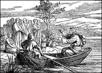 "On that day went Jesus out of the house, and sat by the sea side. And there were gathered unto him great multitudes, so that he entered into a boat, and sat; and all the multitude stood on the beach. And he spake to them many things in parables..." Matthew 13:1-3 ASV
<p>Illustration of Jesus sitting in the stern of a small fishing boat, reaching out to the people on shore and teaching in parables. A man sits in the bow on a fishing net. Several people stand on shore. One woman holds a baby and has a small child standing beside her. Another woman is sitting on the shore. There are mountains in the background and a single tree in the center of the image.