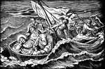 "And when he was entered into a boat, his disciples followed him. And behold, there arose a great tempest in the sea, insomuch that the boat was covered with the waves: but he was asleep." Matthew 8:23-24 ASV
<p>Illustration of Jesus asleep in the bow of a boat while a tempest rages around him. His disciples are in the boat with him. Four disciples pray to Jesus, the rest are trying to keep the boat from sinking in the waves. The boat has one mast with a collapsed sail.