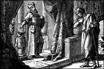 "Two men went up into the temple to pray; the one a Pharisee, and the other a publican." Luke 18:10 ASV
<p>Illustration of a Pharisee and a publican, also referred to as a tax collector, praying in the temple. The Pharisee is dressed in full priestly costume and robes. He is standing behind the veil, within the room that holds the menorah and incense altar, and praying with his head up and chest out. The publican stands outside of the main room, head bowed, staff in hand.