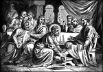 "So when he had washed their feet, and taken his garments, and sat down again, he said unto them, Know ye what I have done to you?" John 13:12 ASV
<p>Illustration of Jesus, kneeling at his disciples' feet, washing them over a basin. The disciples hands are open in a questioning gesture. Other disciples sit at the banquet table and watch the scene. Judas looms in the shadows in the background. Arched windows and drapery decorate the room.