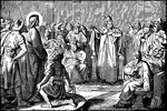"Then the high priest rent his garments, saying, He hath spoken blasphemy: what further need have we of witnesses? behold, now ye have heard the blasphemy: what think ye? They answered and said, He is worthy of death." Matthew 26:65-66 ASV
<p>Illustration of Jesus standing in trial before the High Priest, Caiaphas, and the other priests in the temple. Caiaphas rents his robe and points at Jesus in accusation. A soldier kneels at Jesus' feet with the rope that binds Jesus' feet. The soldier looks up at Jesus with arms open.