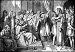 "And the chief priests and the scribes stood, vehemently accusing him.

11 And Herod with his soldiers set him at nought, and mocked him, and arraying him in gorgeous apparel sent him back to Pilate." Luke 23:10-11 ASV
<p>Illustration of Jesus standing before Herod and being clothed in a beautiful robe. Herod is sitting on a throne and wearing a crown. Priests and scribes sit and stand around the throne, making their cases to Herod. Soldiers stand behind Jesus with spears. There are arches and drapery in the background.