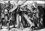 "And there followed him a great multitude of the people, and of women who bewailed and lamented him. But Jesus turning unto them said, Daughters of Jerusalem, weep not for me, but weep for yourselves, and for your children." Luke 23:27-28 ASV
<p>Illustration of Jesus carrying his cross. He is turned to the women who are weeping and following the procession. His arm is raised to them as he comforts them. A soldier walks before the cross and a soldier on horseback rides alongside. Simon takes the rope holding the cross and prepares to take the burden from Jesus. The walls of the city can be seen in the distance.