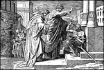 "But Peter said, Silver and gold have I none; but what I have, that give I thee. In the name of Jesus Christ of Nazareth, walk. And he took him by the right hand, and raised him up: and immediately his feet and his ankle-bones received strength." Acts 3:6-7 ASV
<p>Illustration of Peter and John walking up the temple steps and approaching a lame beggar. Peter has a halo over his head and reaches his right arm out over the beggar's head. The beggar looks up and reaches for Peter. He is holding his hat in his hand and his crutch has fallen on the steps. A woman holding a baby and walking with a small child ascends the stairs (left).