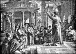 This illustration of the painting by Raphael has been inverted. The painting is a cartoon created for a set of tapestries hanging in the Sistine Chapel. In the painting, Paul has been taken to the Areopagus, the high court of Athens, A basilica, buildings, and structures, and a statue of a soldier can be seen in the background. Several people are listening to the sermon. One man leans on a staff and others kneel on the steps.