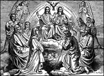 Jesus sits at the right hand of God and a dove, the Holy Spirit, hovers above them. Gathered around them are the apostles, Moses, and the Virgin Mary. There are also several angels and cherubim surrounding and within the group.