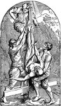 Illustration of Peter being bound to an upside down cross. One man holds his upper body, while another man ties his ankles to the cross. A third man prepares to pierce Peter's feet with a large nail. Peter asked to be crucified upside down because he did not believe he was worthy of being crucified in the same manner as Jesus.
