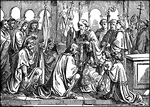 Illustration of King Clovis kneeling before Saint Remigius. Clovis' wife, Clotilde, kneels next to him. Remigius, dressed in robes, is baptizing Clovis. Several members of Clovis' court stand behind him. Monks and other clergy as well as two altar boys with incense stand around and behind Remigius.