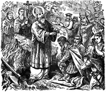 Illustration of Saint Boniface, Apostle of Germany, blesses and converts several people in Germania.Men and women kneel in front of the saint. Several of the men are wearing horned helmets. Two clergy follow behind Saint Boniface, carrying the crucifix.
