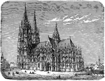 Illustration of the southern side of the Cathedral of Cologne. Construction on the cathedral was begun in 1248 and it was meant to be a place to hold the reliquary of the Three Kings. The cathedral was not completed until the 19th century. Its Gothic architecture is based largely on the Amiens Cathedral. From the view, the cathedral's enormous Germanic spires are visible.