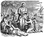 Illustration of Saint Francis of Xavier preaching to the Portuguese at Goa. Several men and women are gathered around Xavier. A child examines his robe. Xavier is showing one man the crucifix. There is a ship approaching in the background.