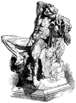 Illustration of the life-size marble statue located in Munich, Germany. It was found in 1620 in a moat below  Castel Sant'Angelo in Rome. Satyrs attended Dionysus. The satyr in this scuplture is leaning back with his arm behind his head. He has two small horns on his forehead, but otherwise no goat-like features. "In classical myth, a sylvan deity, representing the luxuriant forces of Nature, and closely connected with the worship of Baachus." &mdash;Whitney, 1889
