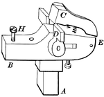 "a. shank for fixing the implement to a bench; c. punch, hinged to a base b and e; and pressed upward by springs; h. screw-support for the back of the blade; d. gauge which may be adjusted for different-sized teeth. The blade is moved along to bring alternate teeth under the punch, which his struck with a hammer." &mdash;Whitney, 1889