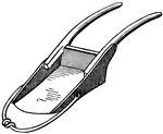 "An apparatus drawn by oxen or horses, and used for scraping the earth in making or repairing roads, digging cellars, canals, etc. and generally for raising and removing loosened soil, etc. In use the scraper is held with the handles slightly elevated till it scoops up its charge of earth, which is held by the sides and back." &mdash;Whitney, 1889