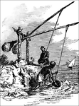 "A contrivance extensively employed in Egypt and the East, generally for raising water. It consists of a long stout rod suspended on a frame at about one fifth of its length from the end. The short end is weighted so as to serve as the counterpoise of a lever, and from the long end a bucket is suspended by a rope. The shadoof is extensively used in Egypt for lifting water from the Nile for irrigation" &mdash;Whitney, 1889
<p>This illustration shows two men using a shadoof to raise water. There is a sailboat in the background.