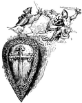 Illustration including one large shield from the first half of the 13th century, bearing a decorative cross. It also includes two men having a sword fight. The man on the left is wearing a shield from the close of the 14th century, while the man on the right uses a shield from the close of the 13th century. The man on the right is on horseback. Both men have their swords raised and are wearing full armor.