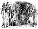 Illustration of the Cathedral at Monreale, near Palermo. It is an example of Sicilian and Norman architecture. Construction was begun in 1174. The interior includes monolithic columns with Corinthian capitals. There are numerous pointed arches. Mosaics cover all of the interior walls and ceilings.