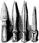 "A dagger; specifically, an ancient form of dagger found Ireland, usually of bronze, double-edged, and more or less leaf-shaped, and thus distinguished from the different forms of the seax, or broad-backed knife." &mdash;Whitney, 1889
<p>Illustration of four different skeans of varying shape and size. The examples are from the Museum of the Royal Irish Academy, Dublin.