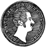 "A money formerly used in Scandinavia and northern Germany, in some places as a coin and in others as a money of account. It varied in value from 1/4d. in Denmark to nearly 1d. (about 2 cents) in Hamburg."
<p>This illustration is of the front of the copper coin and features a profile of Oscar I.