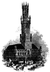 A large tower looms over what is presumably a town hall with a public square in front.