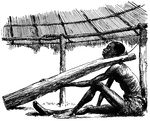 "A forked branch of a tree, four or five feet long, used by slave-hunters in Africa to prevent the slaves they had captured or purchased from running away when on the march from the interior to the coast. The forked part was secured on the neck of the slave by lashings passing from the end of one prong to the end of the other, so that the heavy stick hung down nearly to the ground, or (as was usually the case) was connected with the fork on the neck of another slave." &mdash;Whitney, 1889
<p>In this illustration, the slave sits on the ground with the slave fork out in front of him. He is in an enclosure with a thatched roof.