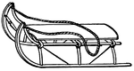 "1. A drag or dray without wheels, but mounted on runners, for the conveyance of loads over frozen snow or ice, or over mud or the bare ground, as in transporting logs and heavy stones. Also sledge. 2. A pair of runners connected by a framework, used (sometimes with another pair) to carry loads or support the body of a vehicle, or, when of lighter build and supporting a light platform or seat, in the sport of coasting and for drawing light loads by hand." &mdash;Whitney, 1889
<p>Illustration of a hand sled with a platform atop it and a rope with which to be pulled by a human or animal. Traditionally, these are not meant to be ridden, but used to convey materials.