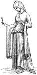 "At different times during the middle ages extraordinarily long, pendant sleeves were in use, sometimes reaching the ground, and at other times a mere band or strip of stuff, single or double, hung from the arm, and was generally called a hanging sleeve, although the actual sleeve was independent of it." &mdash;Whitney, 1889
<p>Illustration of a woman from the 12th century wearing a traditional dress with hanging sleeves. She is holding a small branch with leaves on it. She is wearing a ring headpiece. The illustration is from Viollet-le-Duc's "Dictionary du Mobilier francais."