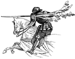 Illustration of a knight, riding a horse at full gallop, carrying a javelin and wearing full armor. A woman's sleeve streams from his left shoulder. He wears the sleeve as a favor from the woman. The illustration is from Viollet-le-Duc's "Dictionary du Mobilier francais.,