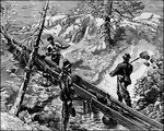 "In mining, a trough made of boards, used for separating gold from the gravel and sand in which it occurs. Its bottom is lined with riffles, and these, with the help of quicksilver, arrest and detain the particles of gold as they are borne along by the current of water." &mdash;Whitney, 1889
<p>Illustration of miners working in a forest, shoveling material into the sluice.