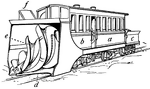"An implement for clearing away snow from roads, railways, etc. a, caboose; b, cab; c, tender; d, show, plate, or scraper which cuts horizontally at a level with the tops of the rails; e, auger which cuts in to the snow-drift, and assists by its screw-like action to propel the machine (its centrifugal action projects the snow upward through the chute f, and laterally to a distance of 60 feet)." &mdash;Whitney, 1889