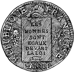 "Under Louis XV, and Louis XVI, the sou was struck in copper, and had an intrinsic value of two deniers twelve grains, though retaining the conventional value of twelve deniers, and this coinage continued until the adoption of the existing decimal system in 1793." &mdash;Whitney, 1889
<p>This illustration shows the obverse of the coin, on which is illustrated a proclamation, a bunch of grapes, and a sheaf of wheat.