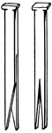 "A large nail or pin, generally of iron. The larger forms of spikes, particularly railroad spikes, are chisel-pointed, and have a head or fang projecting to one side to bite the rail. Spikes are also made split, barbed, grooved, and of other shapes." &mdash;Whitney, 1889
<p>Illustration of two forked spikes. When driven into wood, the points spread and hook into the wood.