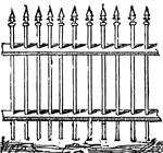 Long pieces of wood, metal, or other solid mater, used for a hindrance or obstruction, or a fence.