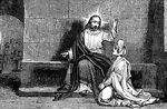 "And she had a sister called Mary, who also sat at the Lord's feet, and heard his word." Luke 10:39 ASV
<p>Illustration of Mary, Martha's sister, kneels at Jesus' feet and listens to him speak. Jesus is sitting on a bench against a wall and a woman can be seen working in a kitchen in the background.