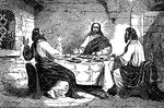 "And it came to pass, when he had sat down with them to meat, he took the bread and blessed; and breaking it he gave to them. And their eyes were opened, and they knew him; and he vanished out of their sight." Luke 24:30-31 ASV
<p>Jesus sits at a table with two men. He is glowing and one man is throwing his hands up in surprise. There are three plates and bread on the table. The men are Cleopas and another disciple who traveled on the road to Emmaus with Jesus.
