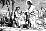 "and Jacob's well was there. Jesus therefore, being wearied with his journey, sat thus by the well. It was about the sixth hour. There cometh a woman of Samaria to draw water: Jesus saith unto her, Give me to drink." John 4:6-7 ASV
<p>Illustration of Jesus speaking to a Samaritan woman at a well. Jesus is standing, a halo around his head, and the woman is sitting on the edge of the well, resting her arm on a water pot. A group of men stand in the background, pointing at Jesus. Two palm trees and some cacti are growing next to the well.