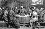 "And when the hour was come, he sat down, and the apostles with him. And he said unto them, With desire I have desired to eat this passover with you before I suffer:" Luke 22:14-15 ASV
<p>Illustration of Jesus sitting at a table with the twelve disciples at Passover. Jesus is at the center and the disciples are gathered around him. The men are not pictured as sitting all on the same side of the table.