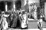 "Pilate saith unto him, What is truth? And when he had said this, he went out again unto the Jews, and saith unto them, I find no crime in him. But ye have a custom, that I should release unto you one at the passover: will ye therefore that I release unto you the King of the Jews? They cried out therefore again, saying, Not this man, but Barabbas. Now Barabbas was a robber.)" John 18:38-40 ASV
<p>Illustration of Pontius Pilate standing next to Jesus, presenting him to the crowd. They are standing on a platform and Jesus is wearing the crown of thorns. The people are yelling and pointing. A Roman soldier is standing nearby.