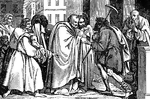"But Peter said, Silver and gold have I none; but what I have, that give I thee. In the name of Jesus Christ of Nazareth, walk. And he took him by the right hand, and raised him up: and immediately his feet and his ankle-bones received strength." Acts 3:6-7 ASV
<p>Illustration of Peter holding the hand of a lame beggar. The man has just been healed and is standing. His left ankle is bound and he carries a crutch over his shoulder. A woman standing next to Peter is holding an infant. Several onlookers are visible in the image.