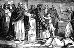 "And Ananias hearing these words fell down and gave up the ghost: and great fear came upon all that heard it." Acts 5:5 ASV
<p>Illustration of Ananias lying dead on the ground. Peter, standing next to a large column, is pointing at him. A child clutches a man in a striped robe. Several onlookers appear shocked.