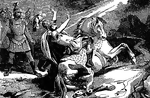 "And as he journeyed, it came to pass that he drew nigh unto Damascus: and suddenly there shone round about him a light out of heaven: and he fell upon the earth, and heard a voice saying unto him, Saul, Saul, why persecutest thou me?" Acts 9:3-4 ASV
<p>Illustration of Saul falling off his horse as a bright light descends from heaven. The horse is rearing on its hind legs and Saul is throwing his hands up as he falls backwards. He is dressed in a soldier's uniform. Several other soldiers stand behind him. The road to Damascus can be seen stretching into the distance.