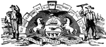 Seal of the commonwealth of Pennsylvania, 1876, showing Pennsylvania as a cornerstone. Motto: Virtue, Liberty, Independence.