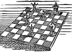 A game played by two persons, on a board containing sixty-four squares, with two differently colored sets of pieces or men.