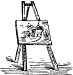 A wooden frame with movable pegs, or a sliding rack, on which pictures are placed while being painted.