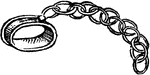 A fastening consisting of an iron ring around the wrist, usually connected by a chain with one on the other wrist; a mannacle; used when taking one to jail.